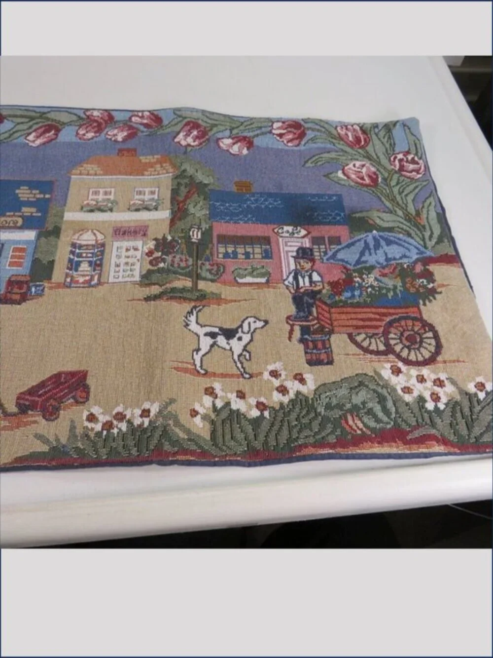 Vintage Woven Tapestry Table Runner Turn of the Century Village Tulip Border